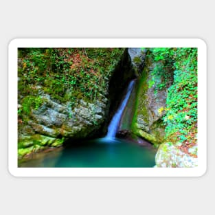 Scene from Sibillini Mountains with Cascata del Pellegrino waterfall, basin, rocks Sticker